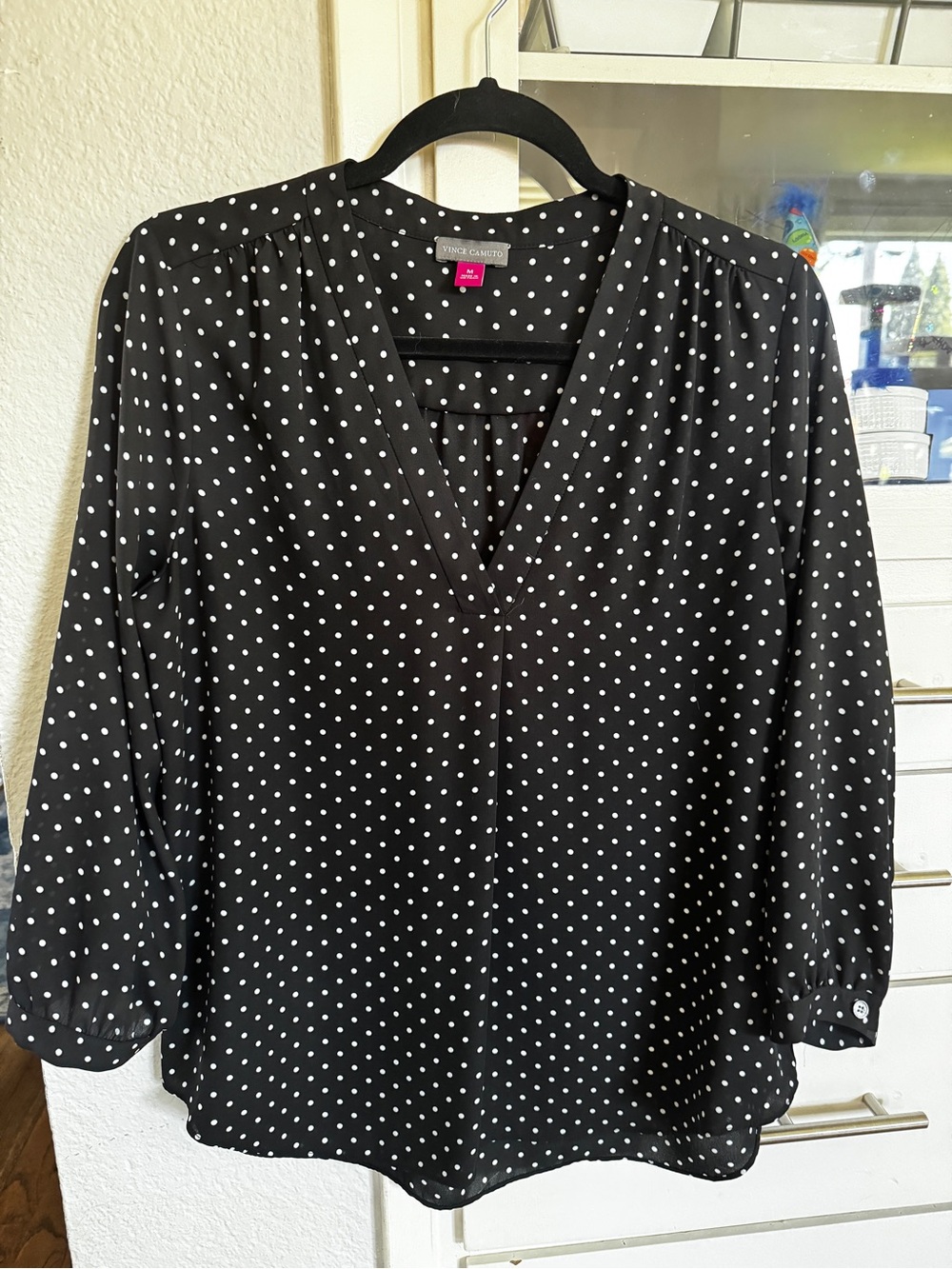 Vince Camuto Black & White Polka Dot V-Neck Blouse